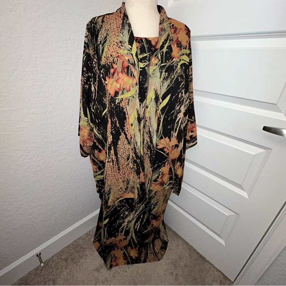 Leslie Fay Floral Print Sleeveless Maxi Dress Long Sleeve Blouse Top 2 Pc. Set